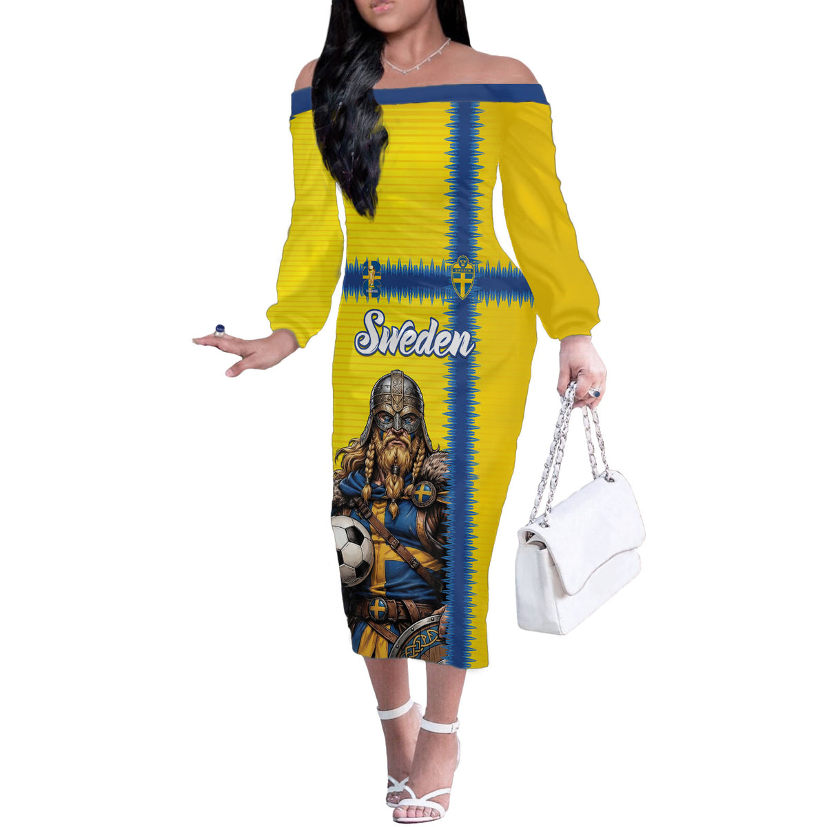 Custom World Football 2026 Sweden Off The Shoulder Long Sleeve Dress Go Blagult Viking Glory