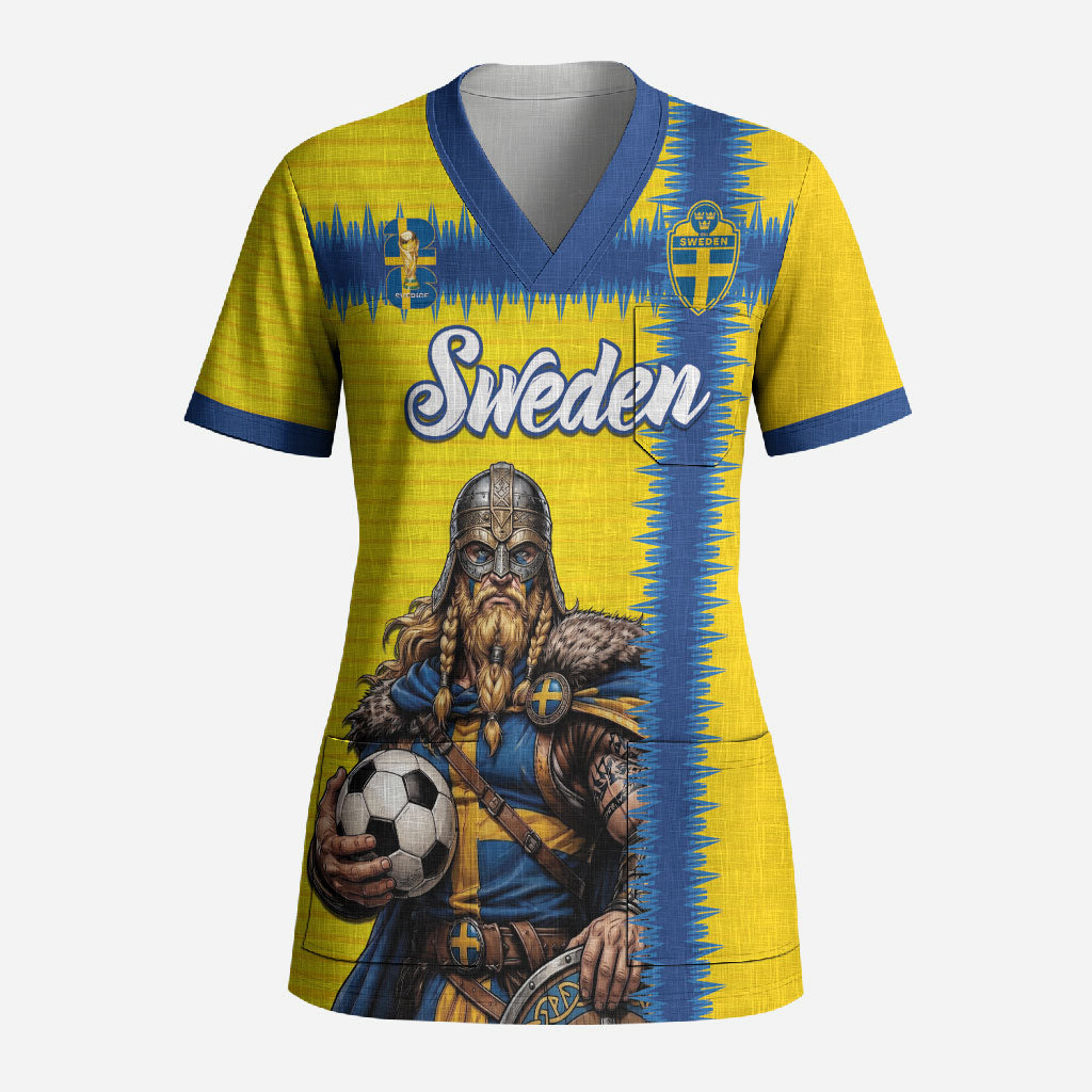 Custom World Football 2026 Sweden Scrub Top Go Blagult Viking Glory