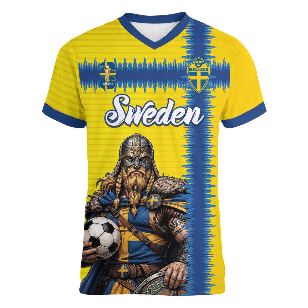Custom World Football 2026 Sweden Women V-Neck T-Shirt Go Blagult Viking Glory