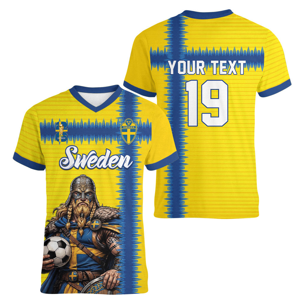 Custom World Football 2026 Sweden Women V-Neck T-Shirt Go Blagult Viking Glory