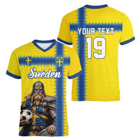 Custom World Football 2026 Sweden Women V-Neck T-Shirt Go Blagult Viking Glory
