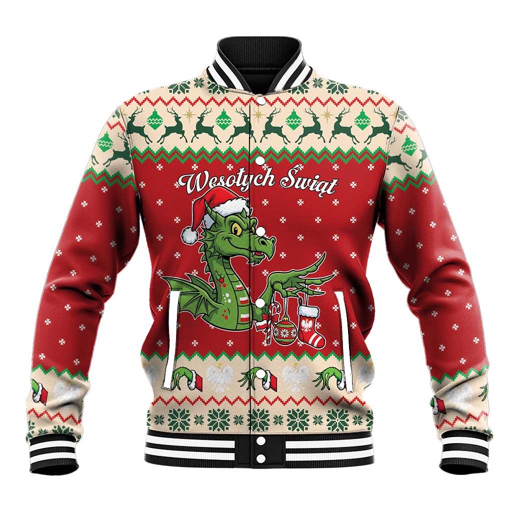 Poland Dinosaur Christmas Baseball Jacket Polish Smok Wawelski Wesołych Swiat - Wonder Print Shop