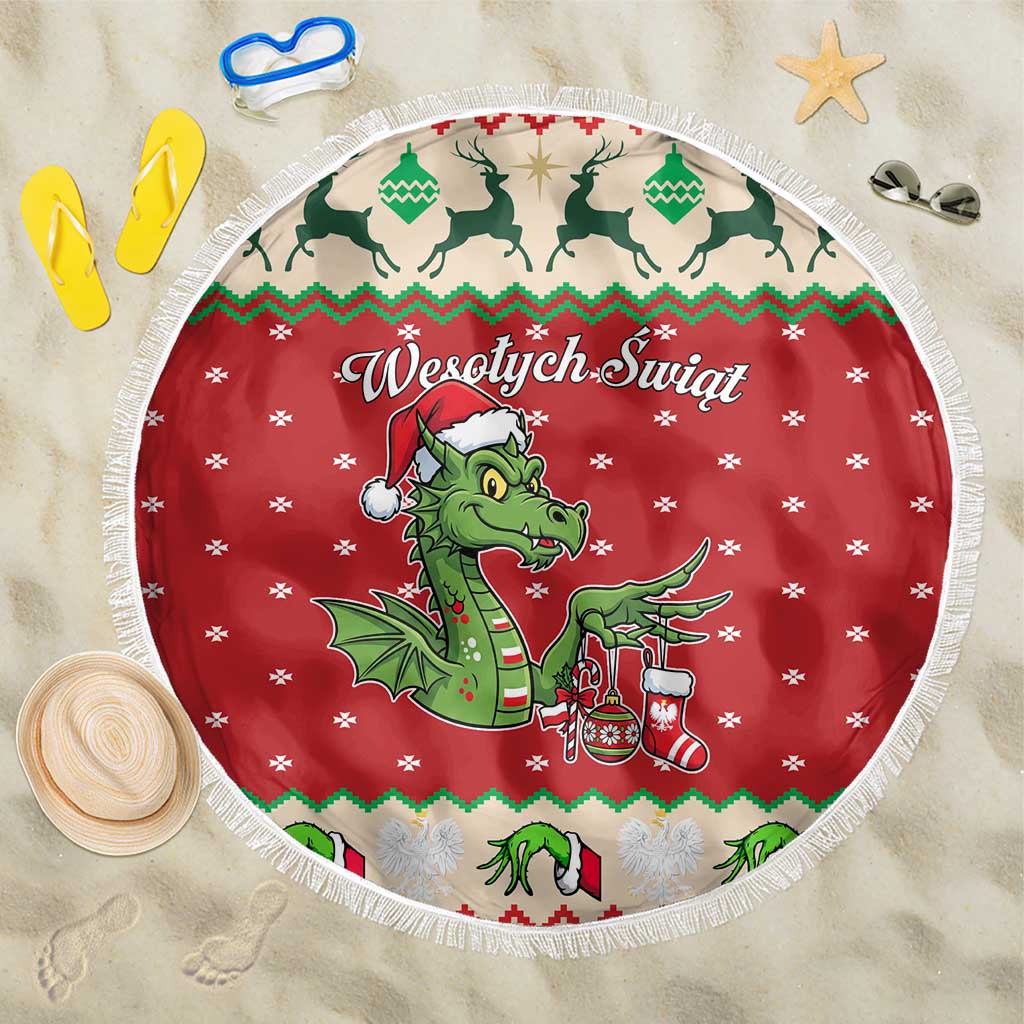 Poland Dinosaur Christmas Beach Blanket Polish Smok Wawelski Wesołych Swiat - Wonder Print Shop