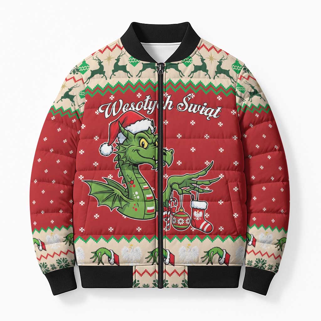 Poland Dinosaur Christmas Bomber Puffer Jacket Polish Smok Wawelski Wesołych Swiat - Wonder Print Shop