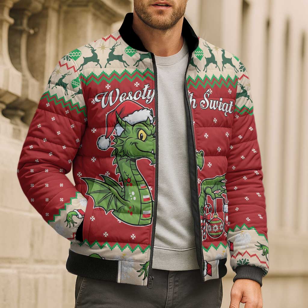 Poland Dinosaur Christmas Bomber Puffer Jacket Polish Smok Wawelski Wesołych Swiat - Wonder Print Shop