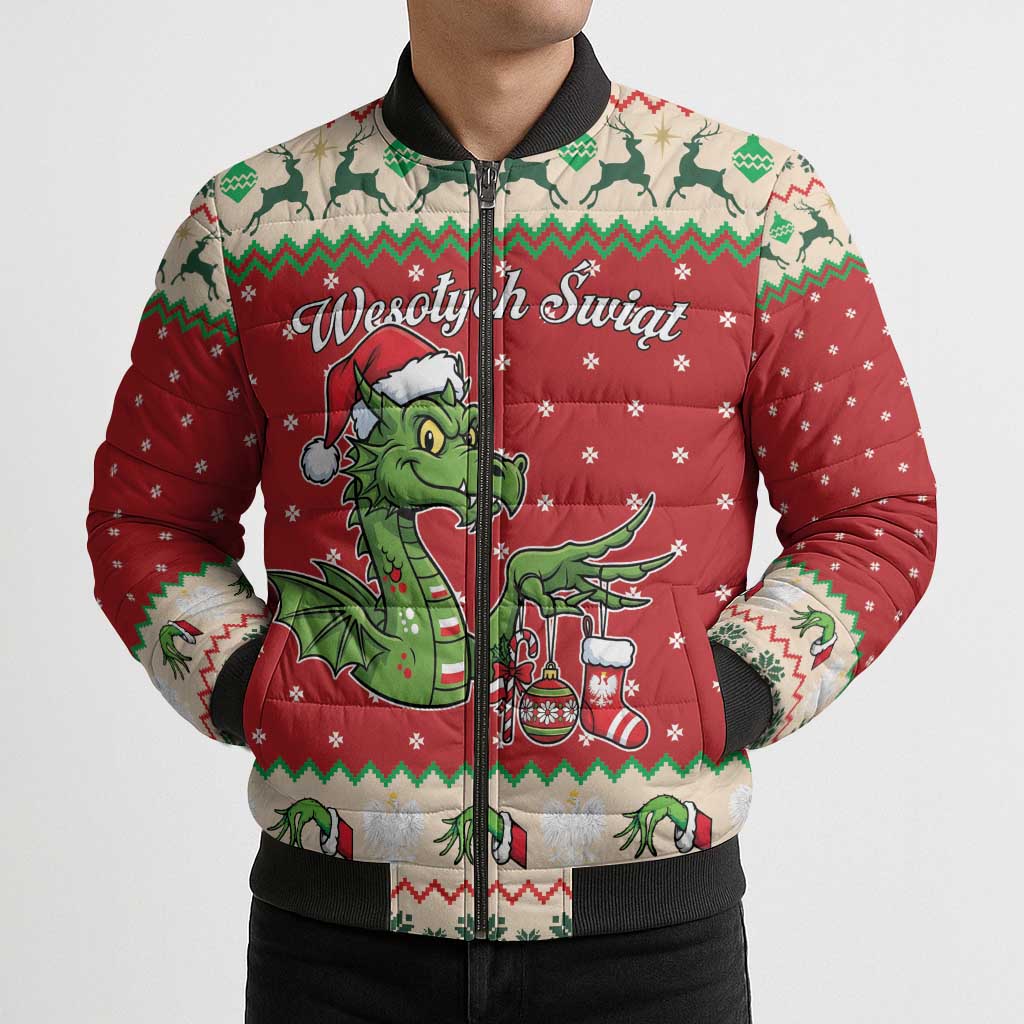 Poland Dinosaur Christmas Bomber Puffer Jacket Polish Smok Wawelski Wesołych Swiat - Wonder Print Shop
