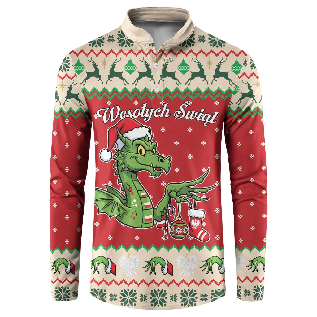 Poland Dinosaur Christmas Button Sweatshirt Polish Smok Wawelski Wesołych Swiat - Wonder Print Shop