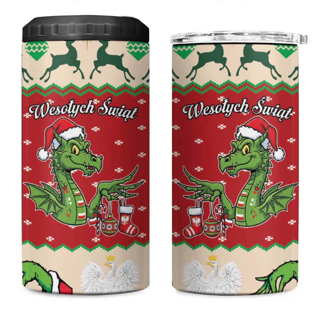 Poland Dinosaur Christmas 4 in 1 Can Cooler Tumbler Polish Smok Wawelski Wesołych Swiat - Wonder Print Shop