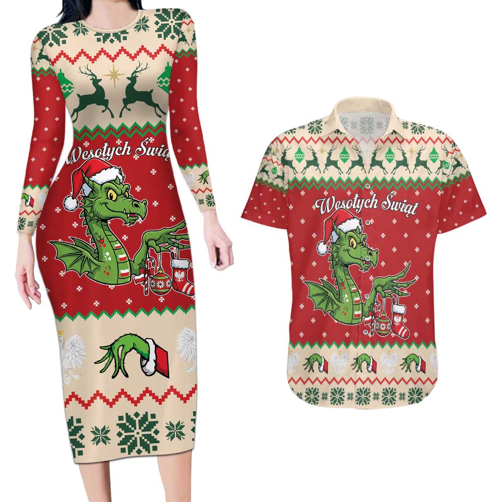 Poland Dinosaur Christmas Couples Matching Long Sleeve Bodycon Dress and Hawaiian Shirt Polish Smok Wawelski Wesołych Swiat - Wonder Print Shop