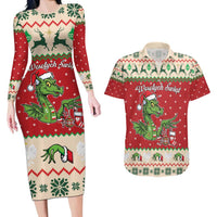 Poland Dinosaur Christmas Couples Matching Long Sleeve Bodycon Dress and Hawaiian Shirt Polish Smok Wawelski Wesołych Swiat - Wonder Print Shop