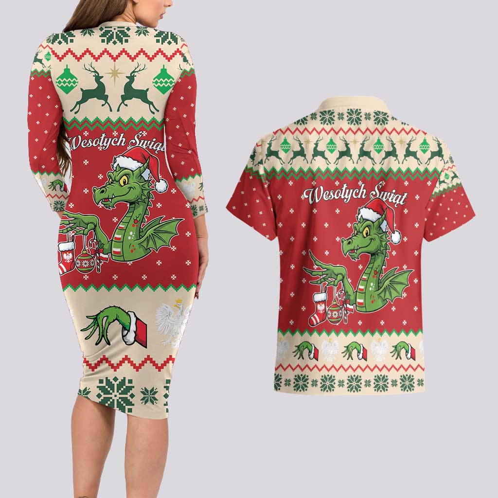 Poland Dinosaur Christmas Couples Matching Long Sleeve Bodycon Dress and Hawaiian Shirt Polish Smok Wawelski Wesołych Swiat - Wonder Print Shop