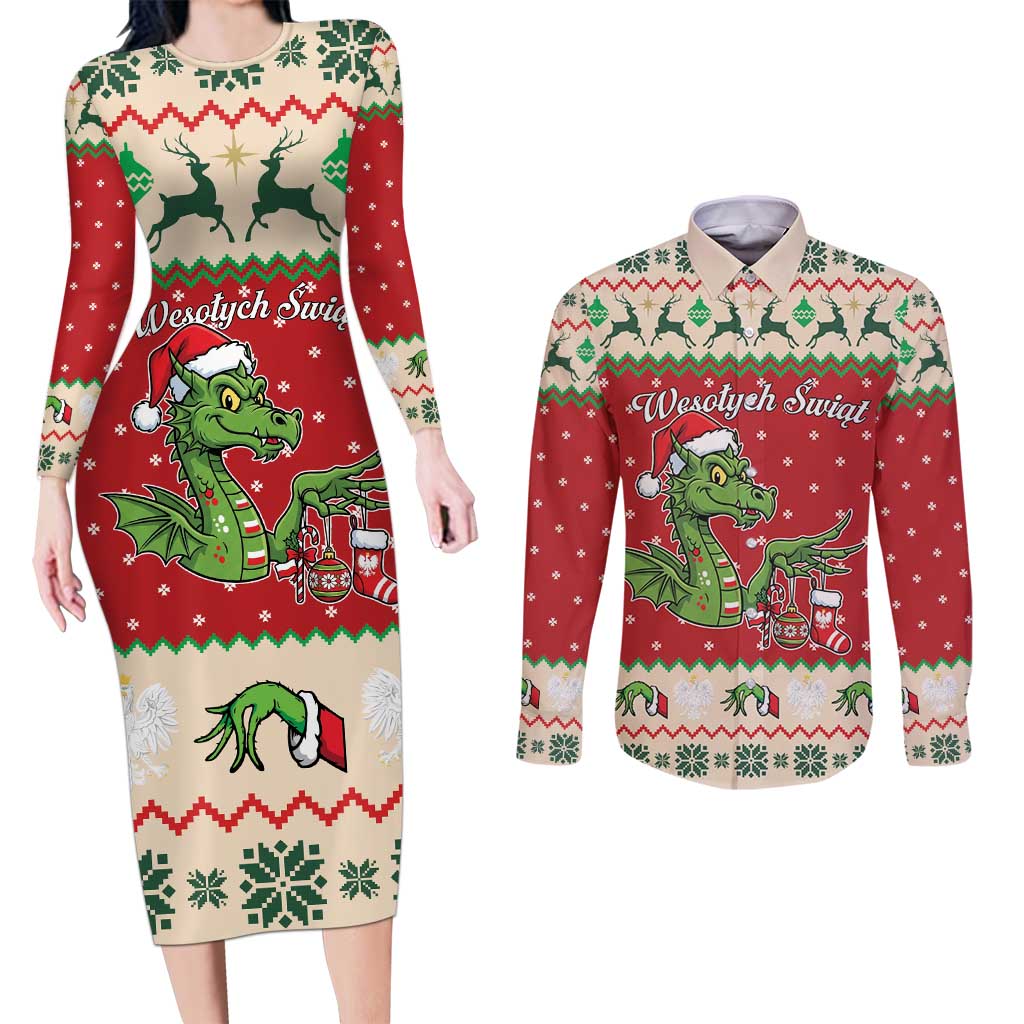 Poland Dinosaur Christmas Couples Matching Long Sleeve Bodycon Dress and Long Sleeve Button Shirt Polish Smok Wawelski Wesołych Swiat - Wonder Print Shop