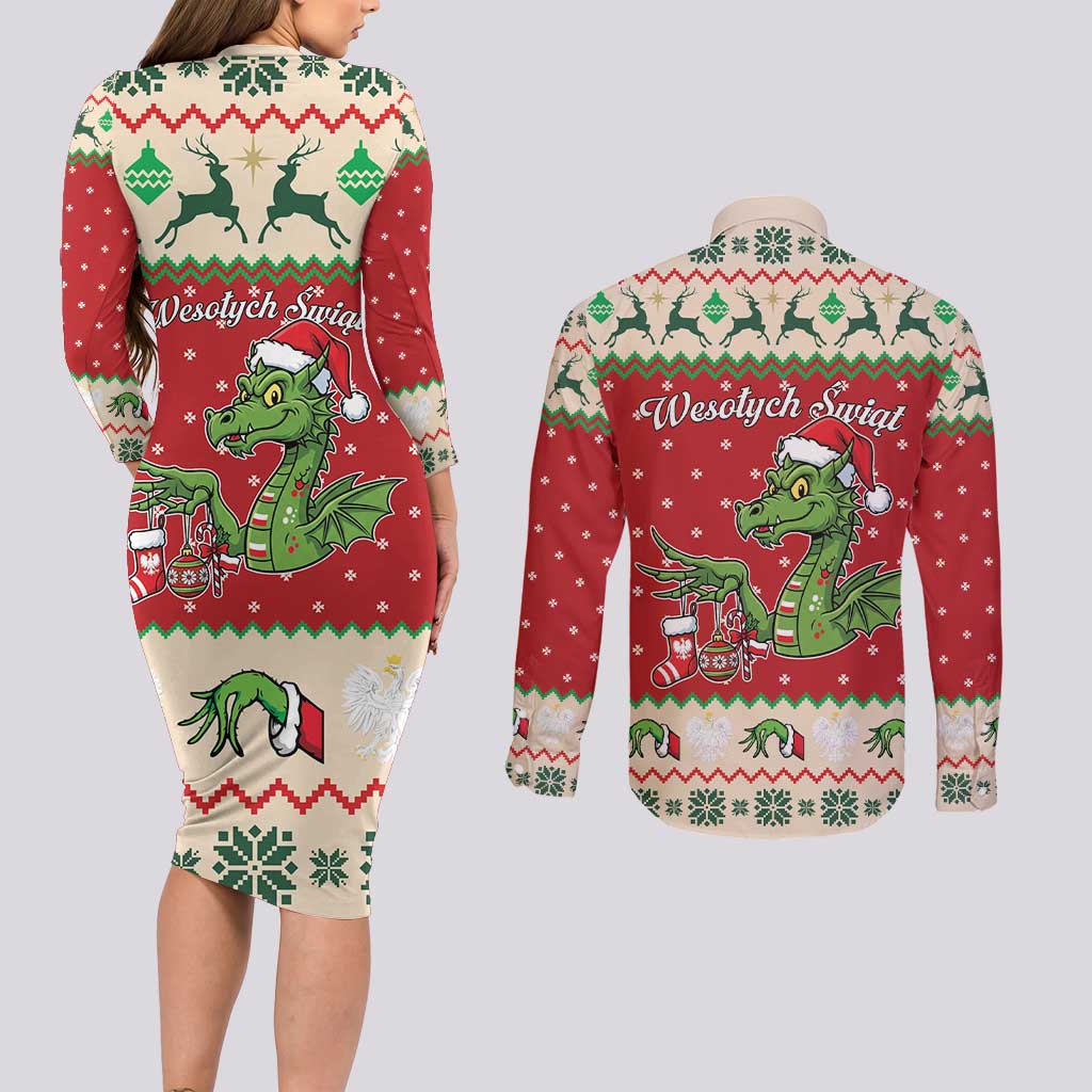Poland Dinosaur Christmas Couples Matching Long Sleeve Bodycon Dress and Long Sleeve Button Shirt Polish Smok Wawelski Wesołych Swiat - Wonder Print Shop