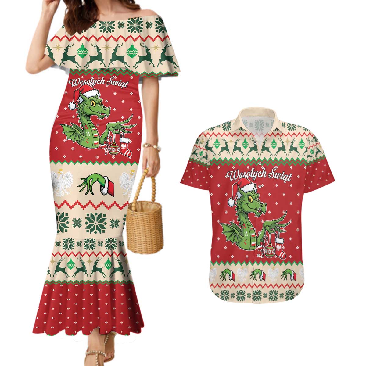 Poland Dinosaur Christmas Couples Matching Mermaid Dress and Hawaiian Shirt Polish Smok Wawelski Wesołych Swiat - Wonder Print Shop