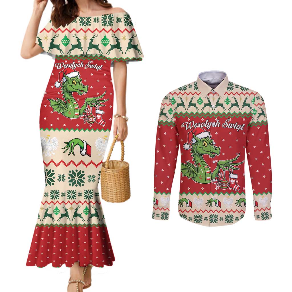 Poland Dinosaur Christmas Couples Matching Mermaid Dress and Long Sleeve Button Shirt Polish Smok Wawelski Wesołych Swiat - Wonder Print Shop
