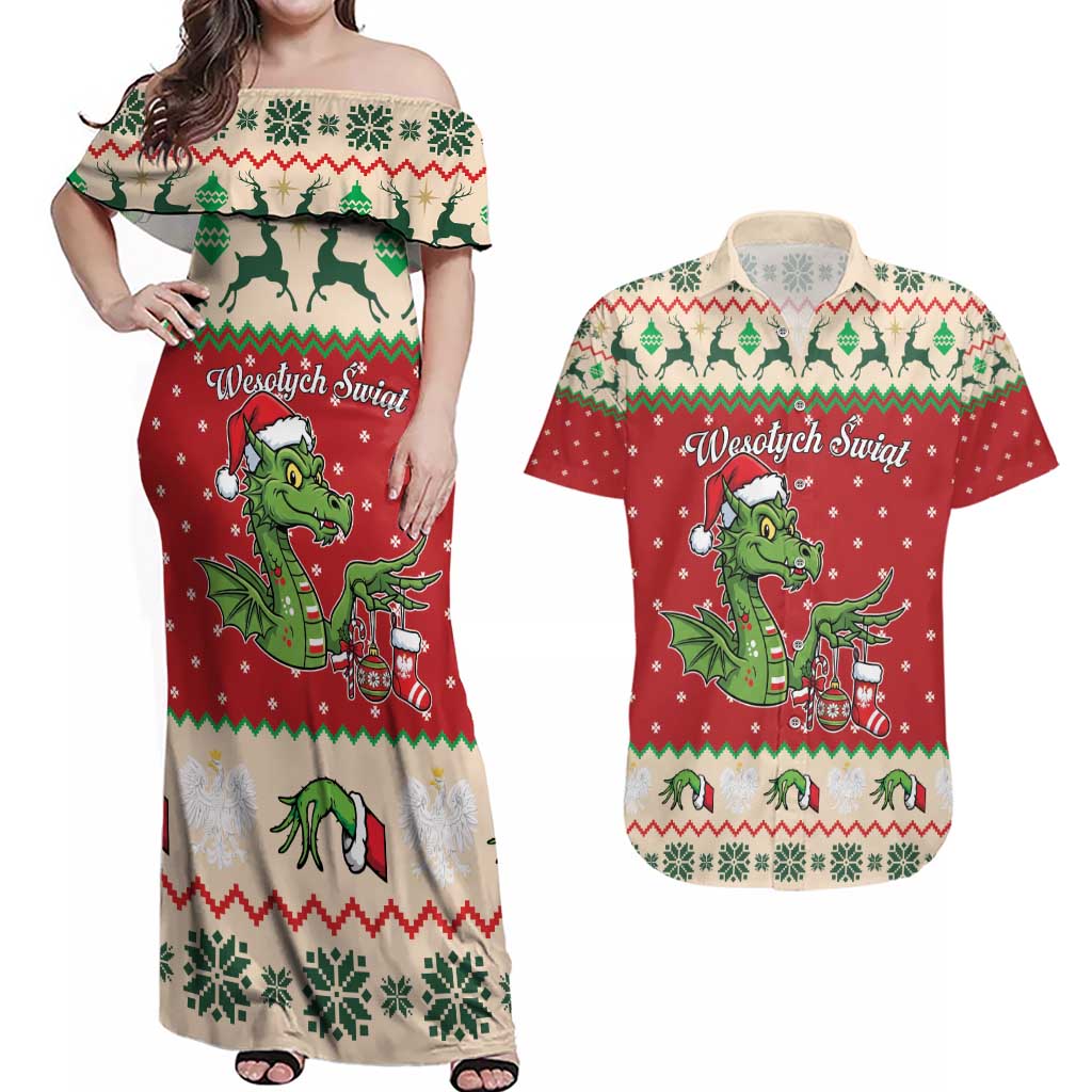 Poland Dinosaur Christmas Couples Matching Off Shoulder Maxi Dress and Hawaiian Shirt Polish Smok Wawelski Wesołych Swiat - Wonder Print Shop