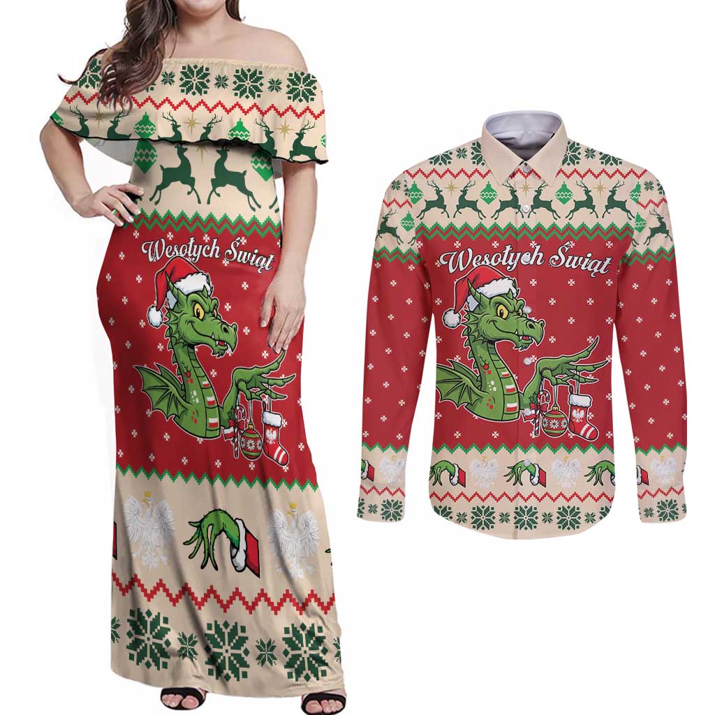 Poland Dinosaur Christmas Couples Matching Off Shoulder Maxi Dress and Long Sleeve Button Shirt Polish Smok Wawelski Wesołych Swiat - Wonder Print Shop