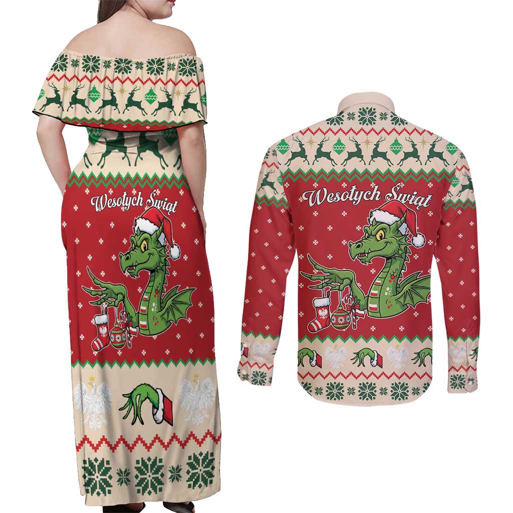 Poland Dinosaur Christmas Couples Matching Off Shoulder Maxi Dress and Long Sleeve Button Shirt Polish Smok Wawelski Wesołych Swiat - Wonder Print Shop
