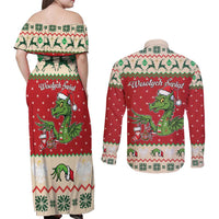 Poland Dinosaur Christmas Couples Matching Off Shoulder Maxi Dress and Long Sleeve Button Shirt Polish Smok Wawelski Wesołych Swiat - Wonder Print Shop