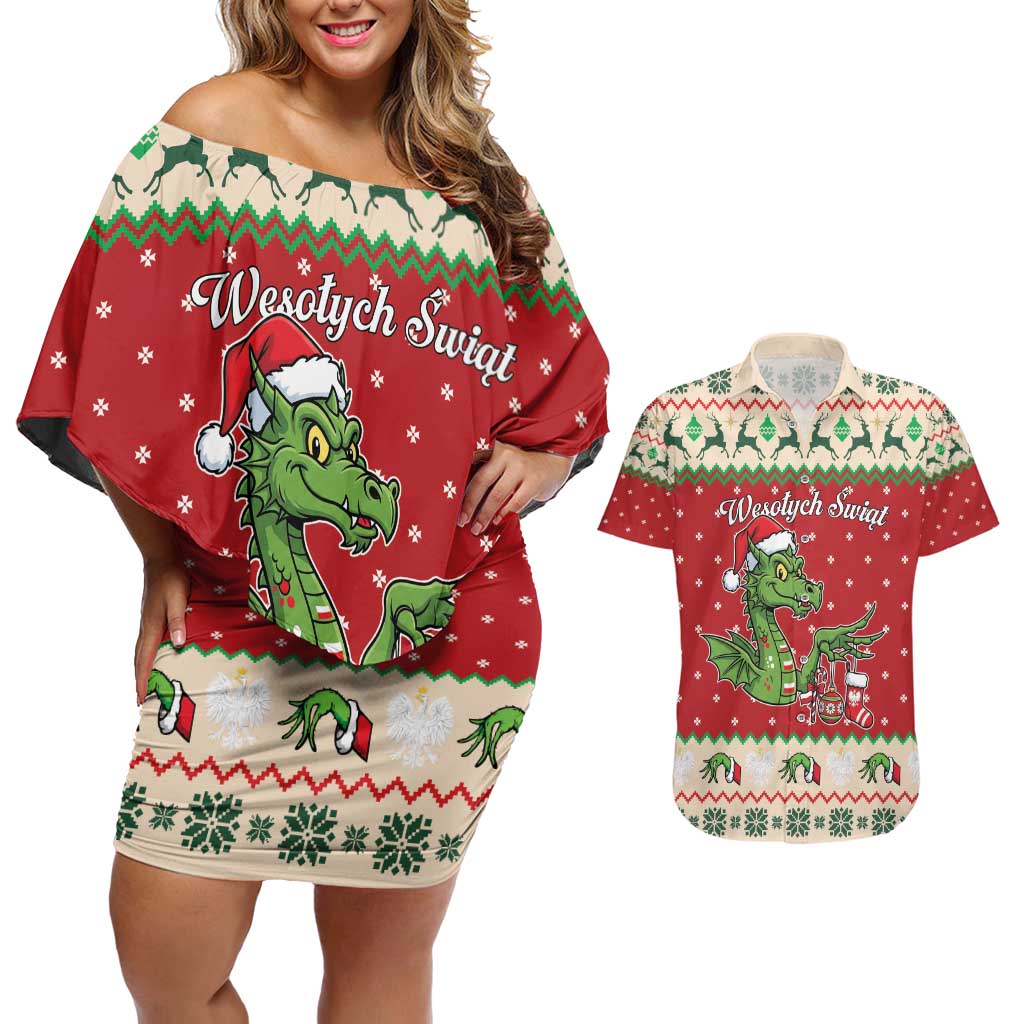 Poland Dinosaur Christmas Couples Matching Off Shoulder Short Dress and Hawaiian Shirt Polish Smok Wawelski Wesołych Swiat - Wonder Print Shop