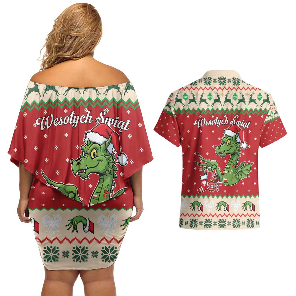 Poland Dinosaur Christmas Couples Matching Off Shoulder Short Dress and Hawaiian Shirt Polish Smok Wawelski Wesołych Swiat - Wonder Print Shop