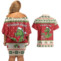 Poland Dinosaur Christmas Couples Matching Off Shoulder Short Dress and Hawaiian Shirt Polish Smok Wawelski Wesołych Swiat - Wonder Print Shop