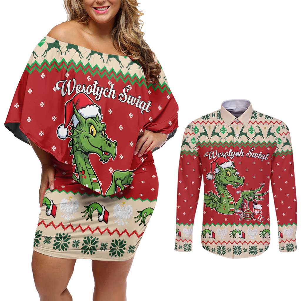 Poland Dinosaur Christmas Couples Matching Off Shoulder Short Dress and Long Sleeve Button Shirt Polish Smok Wawelski Wesołych Swiat - Wonder Print Shop