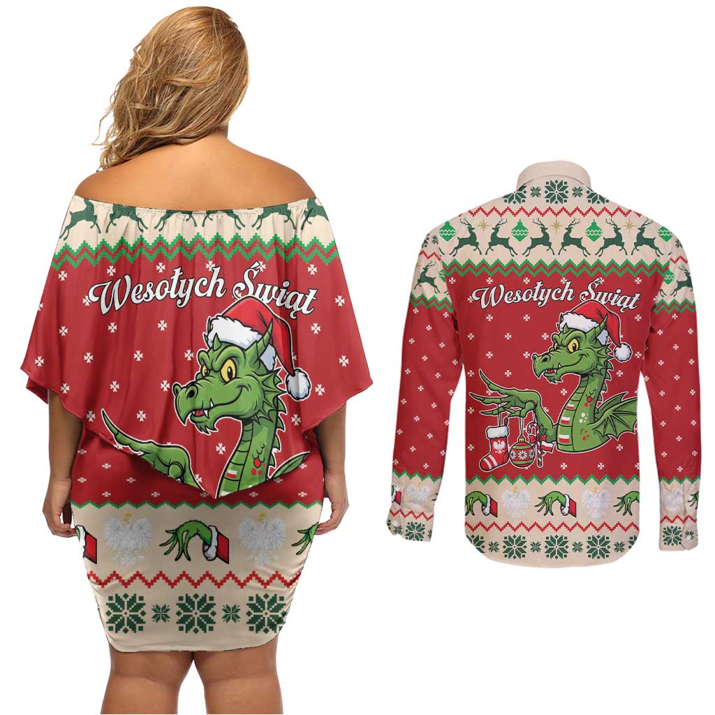 Poland Dinosaur Christmas Couples Matching Off Shoulder Short Dress and Long Sleeve Button Shirt Polish Smok Wawelski Wesołych Swiat - Wonder Print Shop