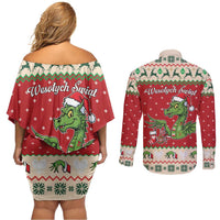 Poland Dinosaur Christmas Couples Matching Off Shoulder Short Dress and Long Sleeve Button Shirt Polish Smok Wawelski Wesołych Swiat - Wonder Print Shop
