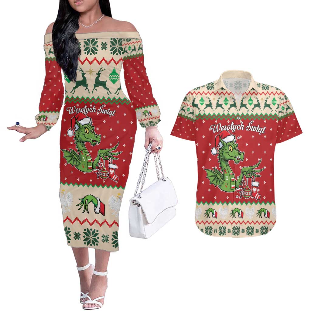 Poland Dinosaur Christmas Couples Matching Off The Shoulder Long Sleeve Dress and Hawaiian Shirt Polish Smok Wawelski Wesołych Swiat - Wonder Print Shop
