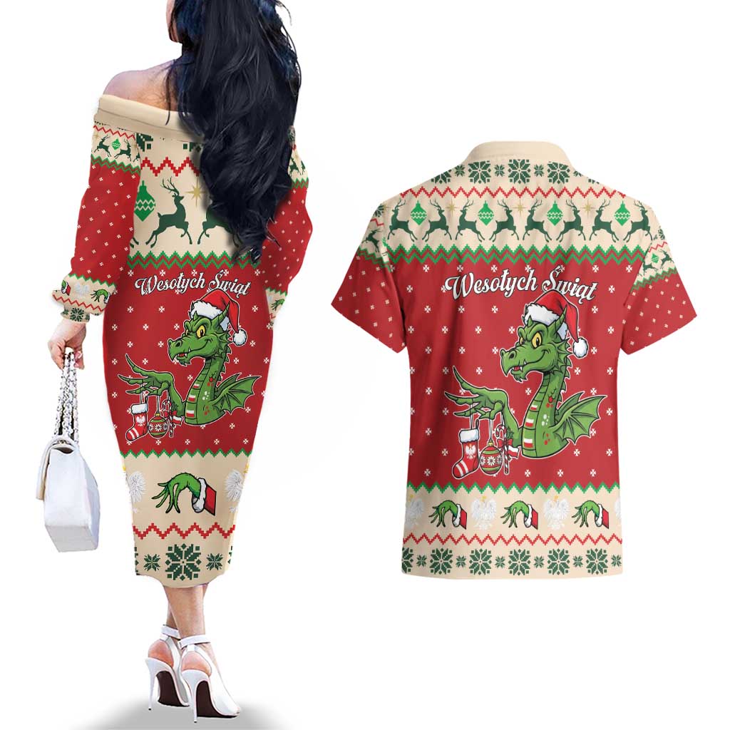Poland Dinosaur Christmas Couples Matching Off The Shoulder Long Sleeve Dress and Hawaiian Shirt Polish Smok Wawelski Wesołych Swiat - Wonder Print Shop
