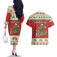 Poland Dinosaur Christmas Couples Matching Off The Shoulder Long Sleeve Dress and Hawaiian Shirt Polish Smok Wawelski Wesołych Swiat - Wonder Print Shop