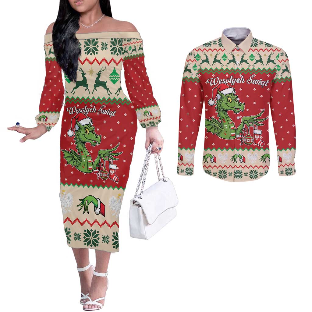Poland Dinosaur Christmas Couples Matching Off The Shoulder Long Sleeve Dress and Long Sleeve Button Shirt Polish Smok Wawelski Wesołych Swiat - Wonder Print Shop