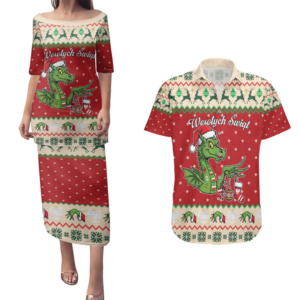 Poland Dinosaur Christmas Couples Matching Puletasi and Hawaiian Shirt Polish Smok Wawelski Wesołych Swiat - Wonder Print Shop