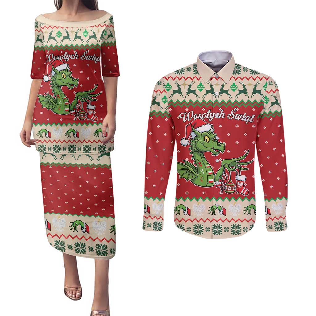 Poland Dinosaur Christmas Couples Matching Puletasi and Long Sleeve Button Shirt Polish Smok Wawelski Wesołych Swiat - Wonder Print Shop