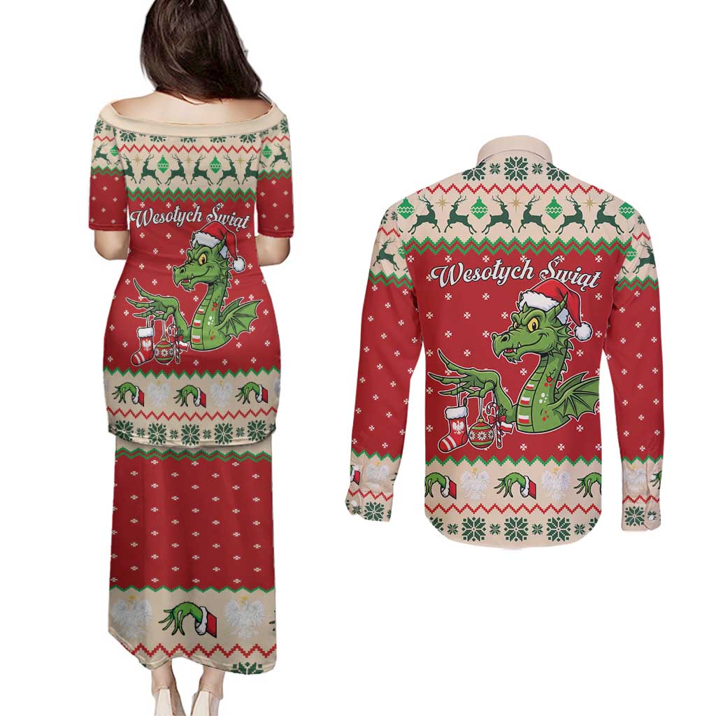 Poland Dinosaur Christmas Couples Matching Puletasi and Long Sleeve Button Shirt Polish Smok Wawelski Wesołych Swiat - Wonder Print Shop