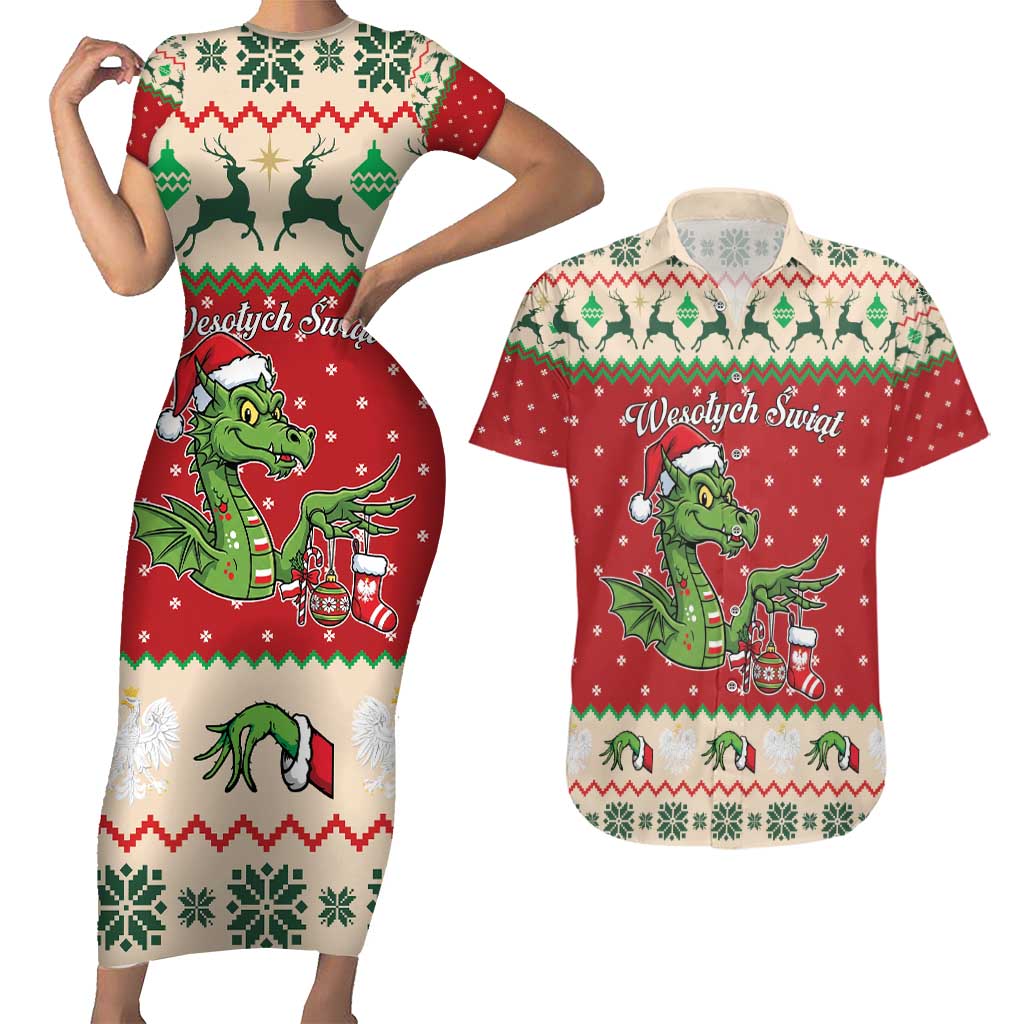 Poland Dinosaur Christmas Couples Matching Short Sleeve Bodycon Dress and Hawaiian Shirt Polish Smok Wawelski Wesołych Swiat - Wonder Print Shop