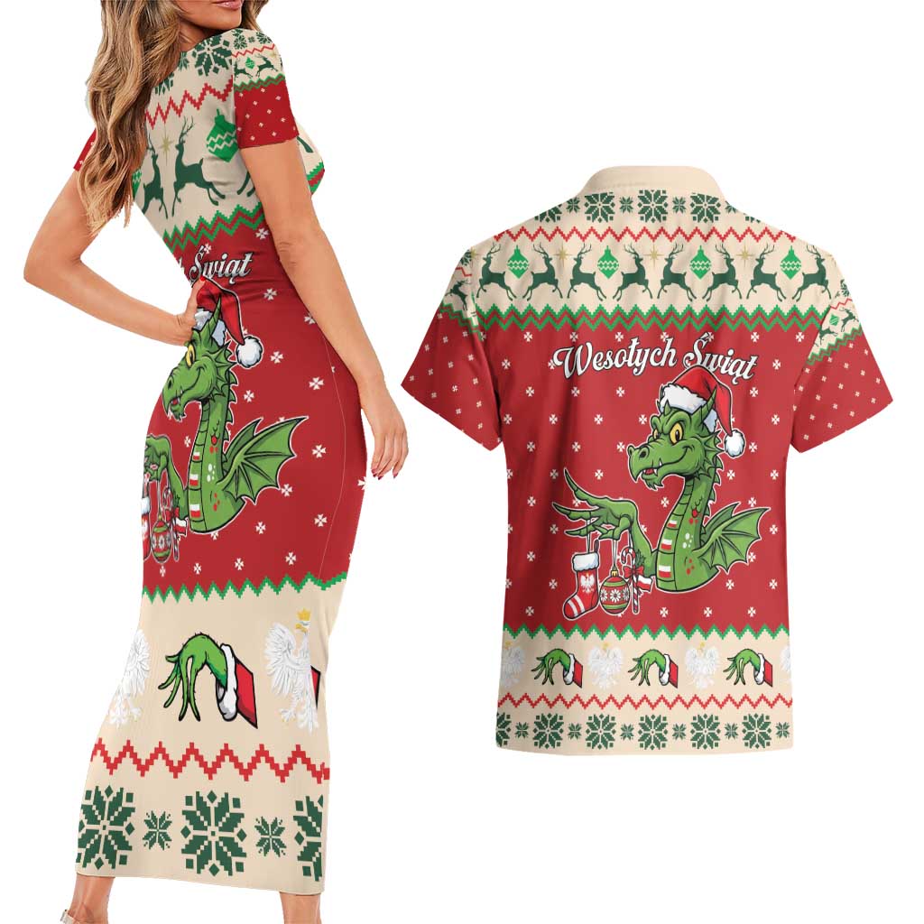 Poland Dinosaur Christmas Couples Matching Short Sleeve Bodycon Dress and Hawaiian Shirt Polish Smok Wawelski Wesołych Swiat - Wonder Print Shop