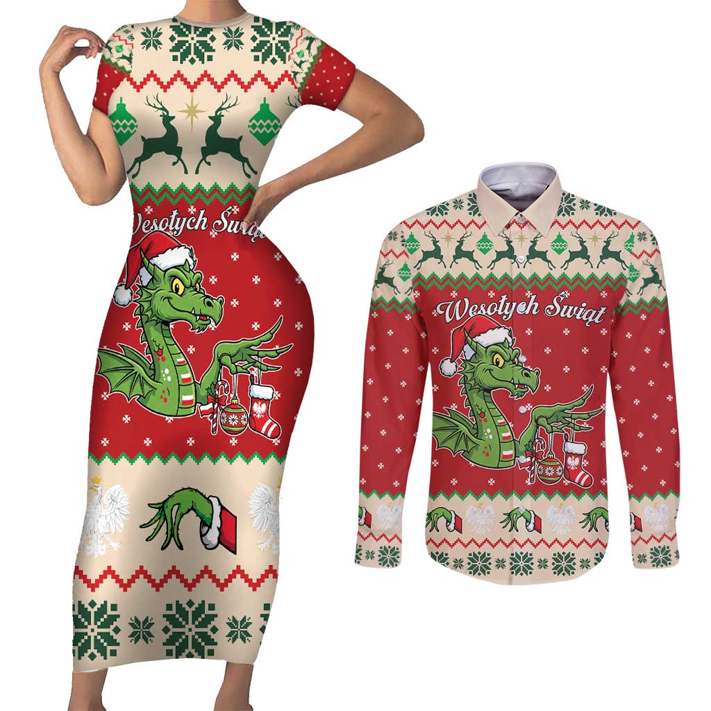 Poland Dinosaur Christmas Couples Matching Short Sleeve Bodycon Dress and Long Sleeve Button Shirt Polish Smok Wawelski Wesołych Swiat - Wonder Print Shop