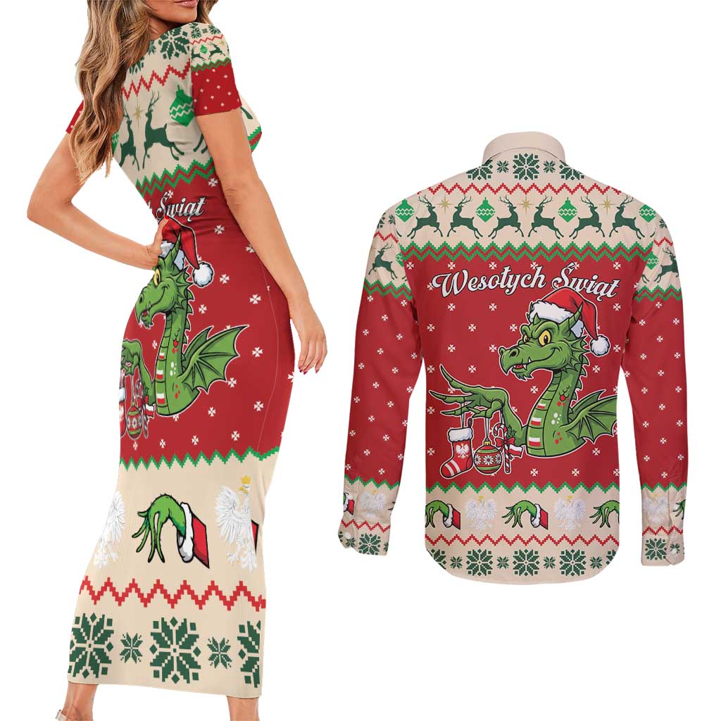 Poland Dinosaur Christmas Couples Matching Short Sleeve Bodycon Dress and Long Sleeve Button Shirt Polish Smok Wawelski Wesołych Swiat - Wonder Print Shop