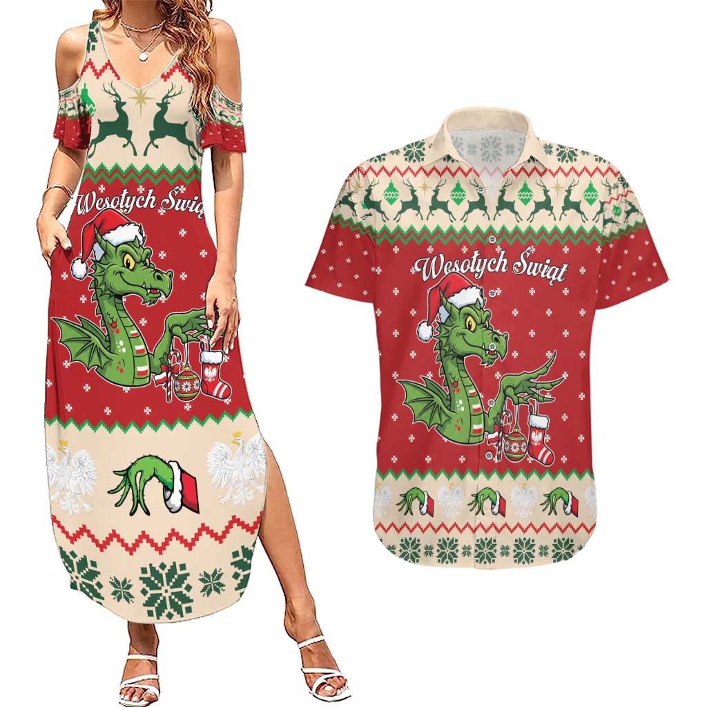 Poland Dinosaur Christmas Couples Matching Summer Maxi Dress and Hawaiian Shirt Polish Smok Wawelski Wesołych Swiat - Wonder Print Shop