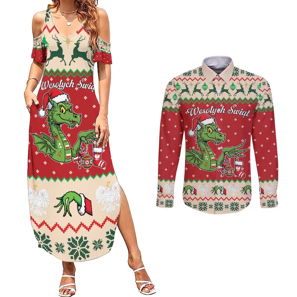 Poland Dinosaur Christmas Couples Matching Summer Maxi Dress and Long Sleeve Button Shirt Polish Smok Wawelski Wesołych Swiat - Wonder Print Shop