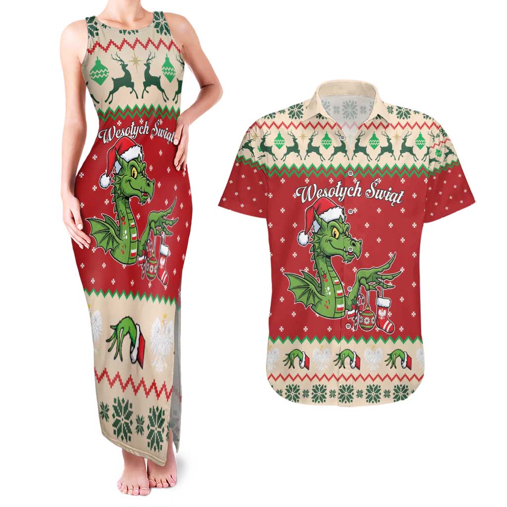 Poland Dinosaur Christmas Couples Matching Tank Maxi Dress and Hawaiian Shirt Polish Smok Wawelski Wesołych Swiat - Wonder Print Shop