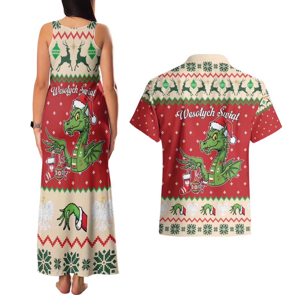 Poland Dinosaur Christmas Couples Matching Tank Maxi Dress and Hawaiian Shirt Polish Smok Wawelski Wesołych Swiat - Wonder Print Shop