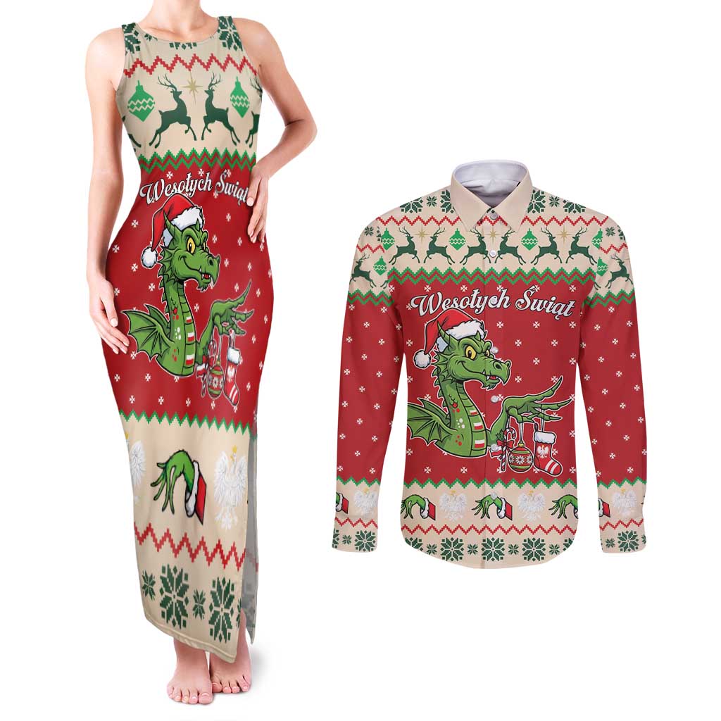 Poland Dinosaur Christmas Couples Matching Tank Maxi Dress and Long Sleeve Button Shirt Polish Smok Wawelski Wesołych Swiat - Wonder Print Shop