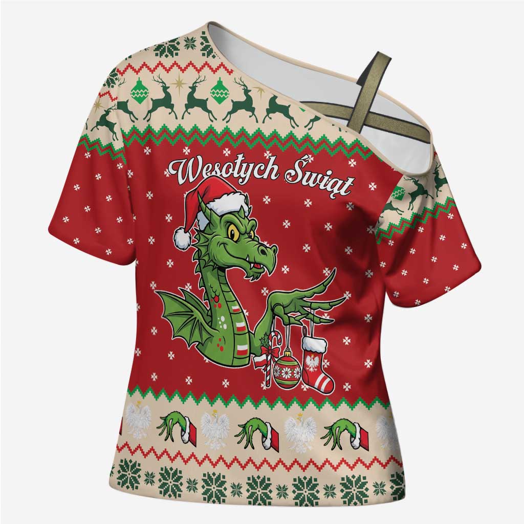 Poland Dinosaur Christmas Cross Shoulder Shirt Polish Smok Wawelski Wesołych Swiat - Wonder Print Shop