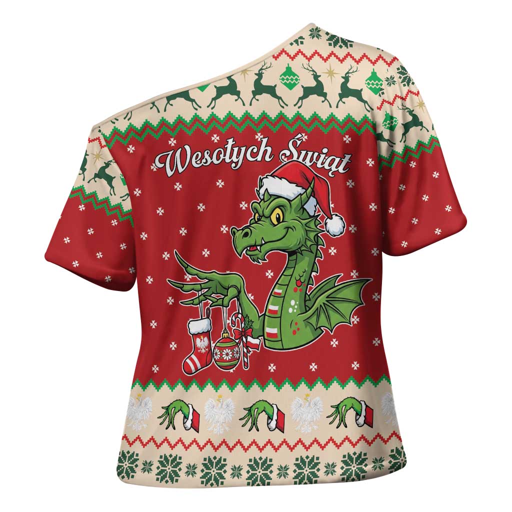 Poland Dinosaur Christmas Cross Shoulder Shirt Polish Smok Wawelski Wesołych Swiat - Wonder Print Shop