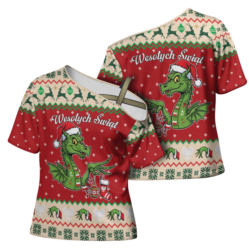 Poland Dinosaur Christmas Cross Shoulder Shirt Polish Smok Wawelski Wesołych Swiat - Wonder Print Shop