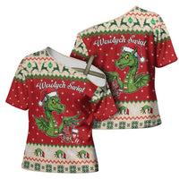 Poland Dinosaur Christmas Cross Shoulder Shirt Polish Smok Wawelski Wesołych Swiat - Wonder Print Shop