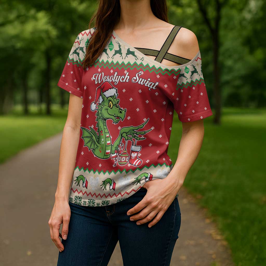 Poland Dinosaur Christmas Cross Shoulder Shirt Polish Smok Wawelski Wesołych Swiat - Wonder Print Shop
